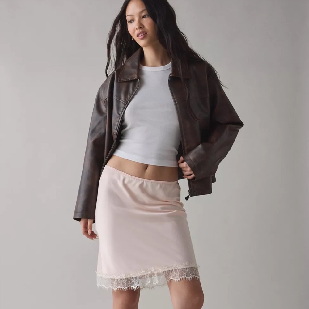 UO Kimchi Blue Addy Lace Trim Satin Slip Midi Skirt - Cream Pink